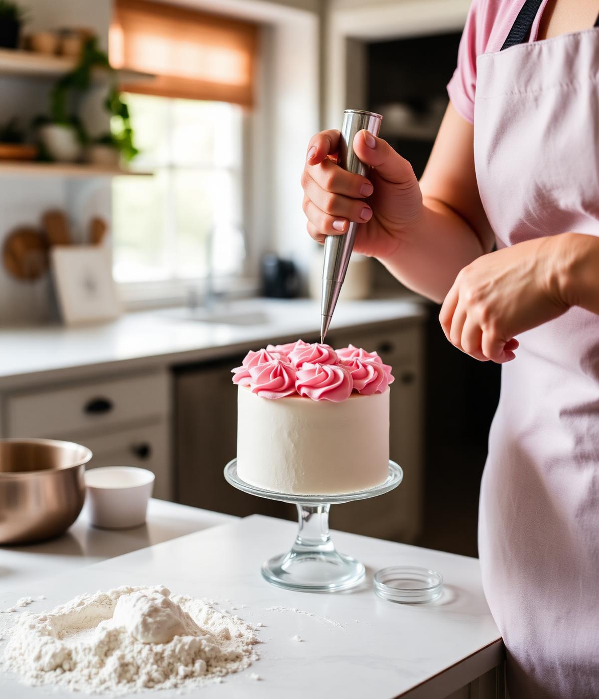 Izzy piping pink buttercream rosettes onto a cake