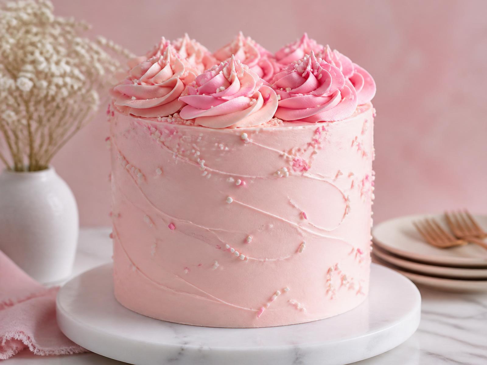 Pink buttercream celebration cake topped with rosettes and sprinkles